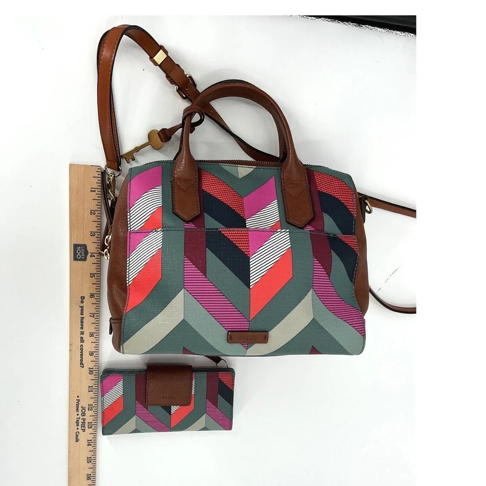 Fossil Geometric Print Satchel Crossbody Bag and Wallet Set Brown Leather‎ Trim